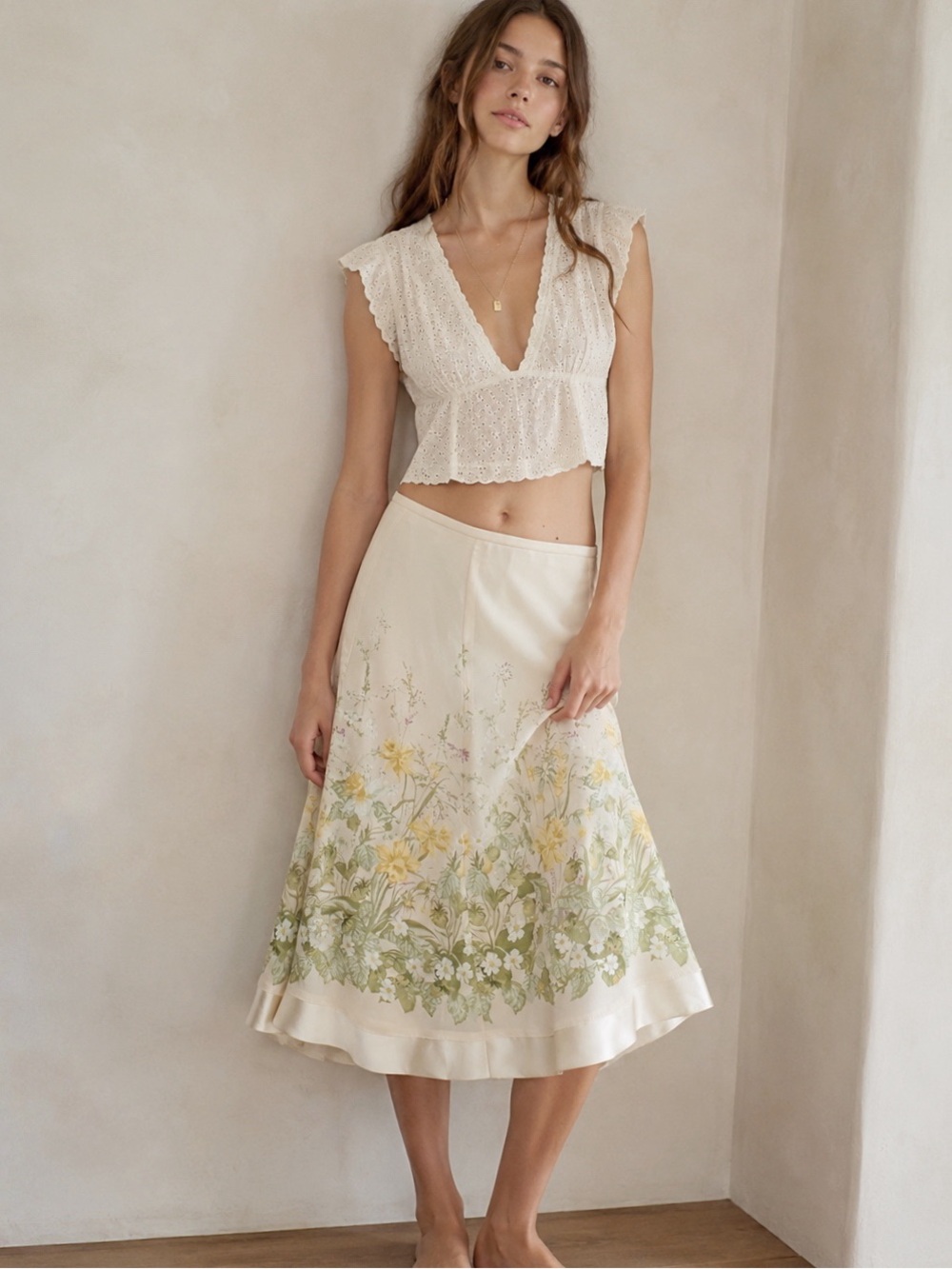 VTG Y2K 90s Woman Cream Satin Floral Midi Skirt US10 Cottagecore Romantic Fairy